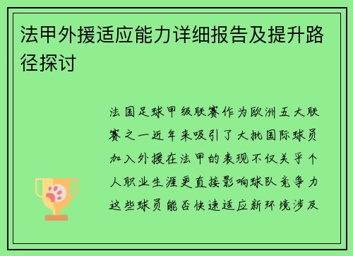 法甲外援适应能力详细报告及提升路径探讨